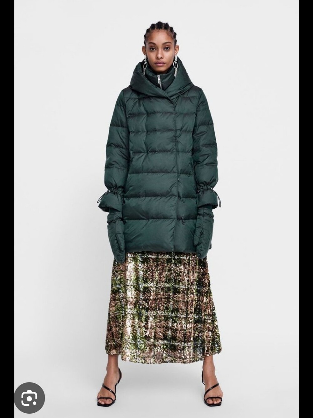 Zara Dark Green Puffer Coat with Funnel Collar , Hood & Mittens S